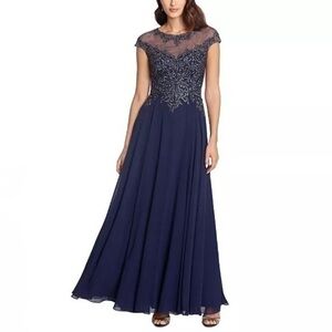 NEW XSCAPE Embellished Embroidered Illusion-Top Gown In Navy/Gunmetal Size 10